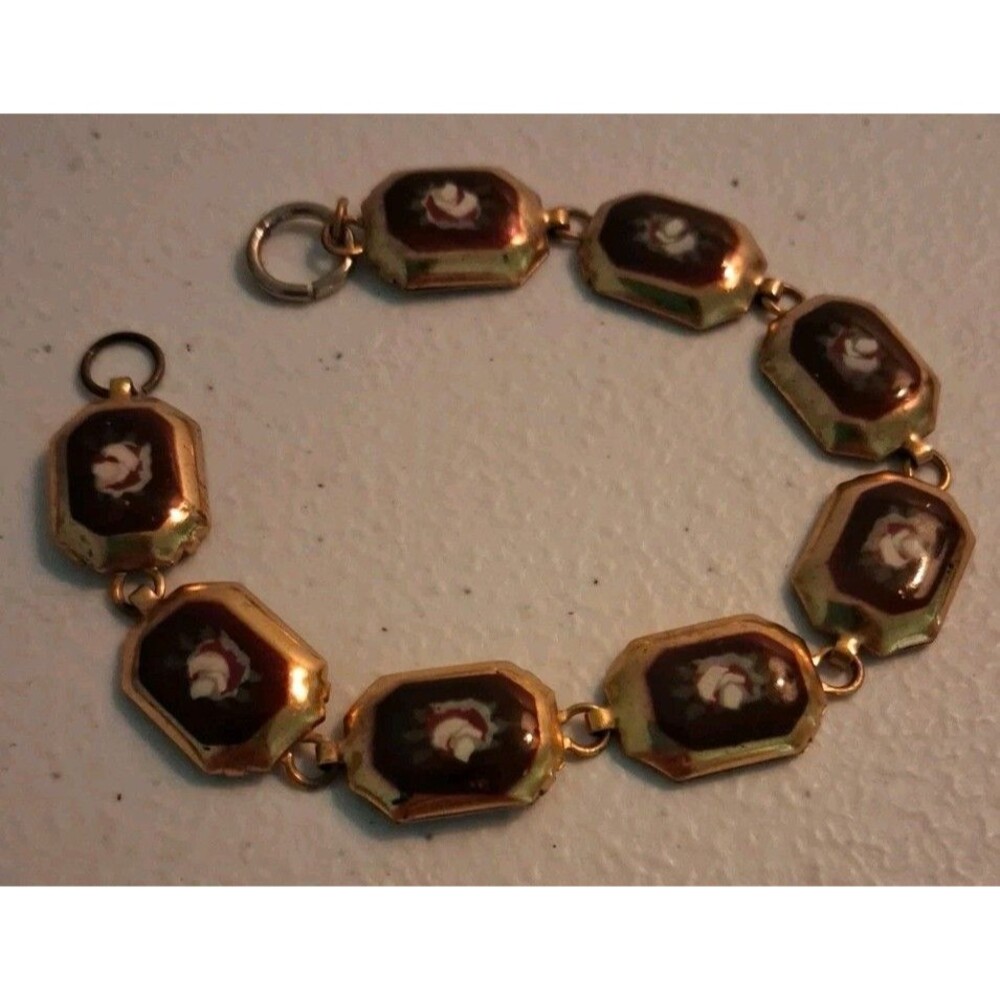 Vintage Art Deco Enamel Roses Flower Gold Tone Link Bracelet 8" Missing Clasp